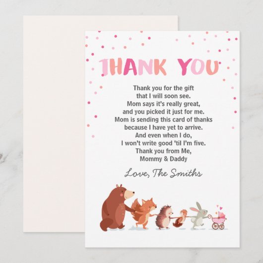 Baby shower bedankkaart Woodland meisje roze (Voorkant / Achterkant)