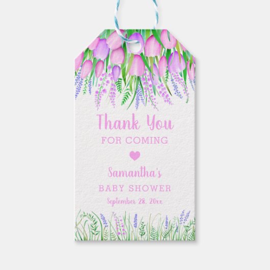 Baby shower Bedankt Floral Spring Lavender Tulips Cadeaulabel (Voorkant)