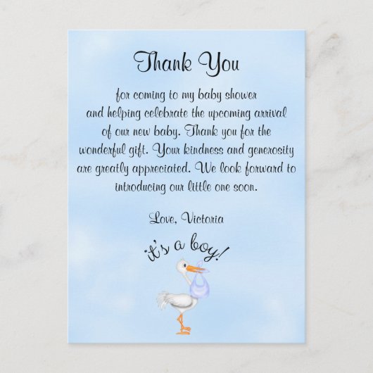 Baby shower Bedankt Het is een Boy Baby Boy Stork Briefkaart (Voorkant)