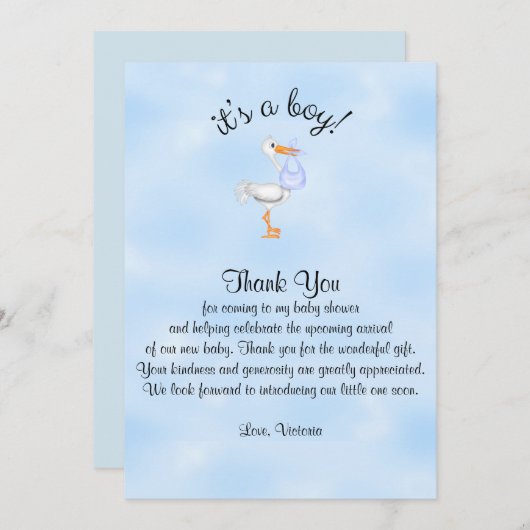 Baby shower Bedankt Het is een Boy Baby Boy Stork Kaart (Voorkant / Achterkant)