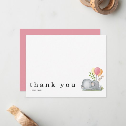 Baby Shower Bedankt Naam Slapende Olifant Roze Notitiekaartje (Voorkant / Achterkant in situ)