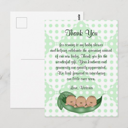 Baby shower Bedankt Triplets Erwten in een Pod Briefkaart (Voorkant / Achterkant)
