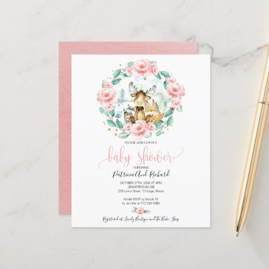 Baby shower Begroting bossen dieren groen (Voorkant / Achterkant in situ)