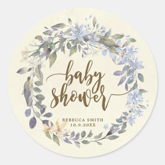 baby shower begunstigt stickers Boho Blue Bloemen (Voorkant)
