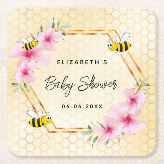 Baby Shower bijen honingraat roze bloemen Kartonnen Onderzetters (Voorkant)