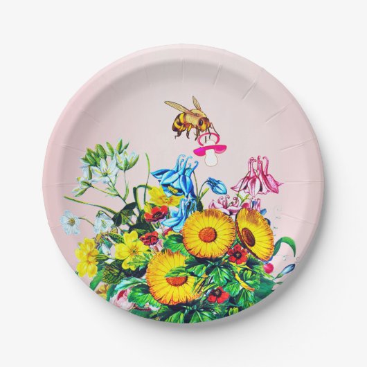 Baby shower bijen roze bloemige fopspeen papieren bordje (Voorkant)
