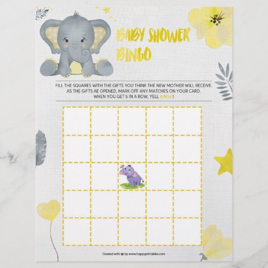Baby shower Bingo [Baby olifant [Geel]] Briefhoofd (Voorkant)