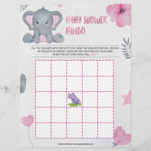 Baby Shower Bingo [Baby Olifant [Roze]] Briefhoofd (Voorkant)