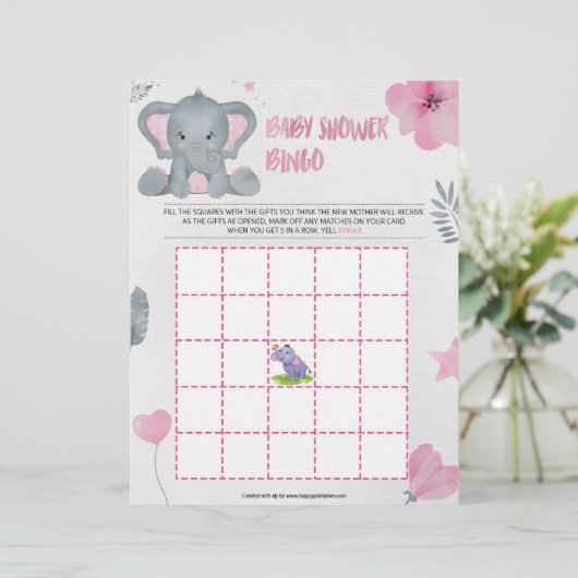 Baby Shower Bingo [Baby Olifant [Roze]] Briefhoofd (Staand voorkant)