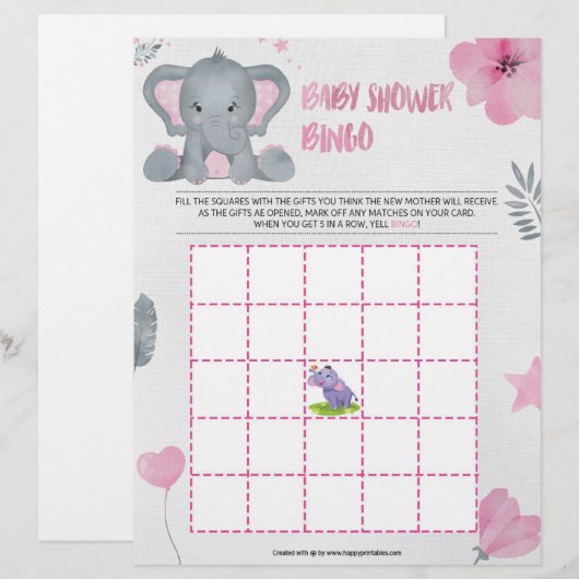 Baby Shower Bingo [Baby Olifant [Roze]] Briefhoofd (Voorkant / Achterkant)