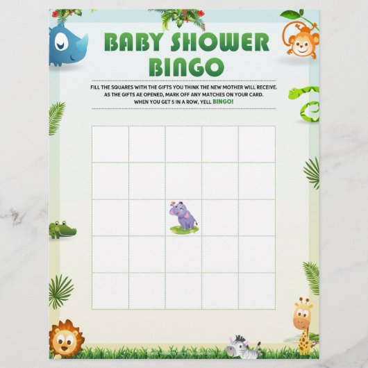 Baby shower Bingo Baby shower Game [Dierthema] Briefhoofd (Voorkant)