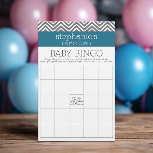 Baby shower Bingo - Blauwgroen en grijze Chevrons