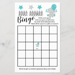 Baby shower Bingo Blue Elephant Boy Game Kaart