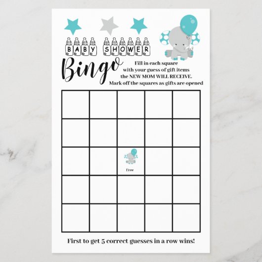 Baby shower Bingo Blue Elephant Boy Game Kaart (Voorkant)