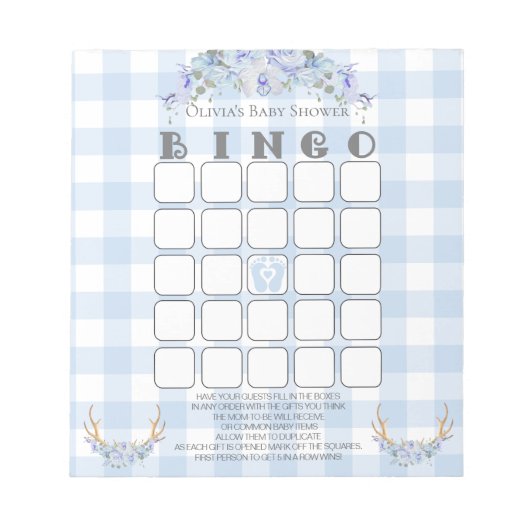 Baby shower Bingo BOHO Baby Blue Gingham Notitieblok (Voorkant)