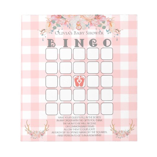 Baby shower Bingo BOHO Baby Coral Gingham Notitieblok (Voorkant)