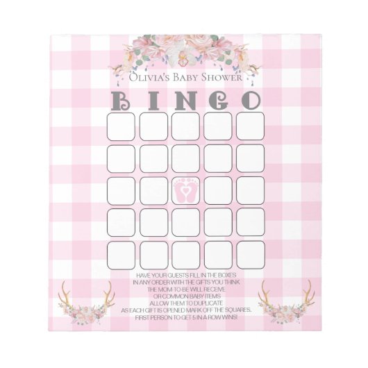 Baby shower Bingo BOHO Baby Pink Gingham Notitieblok (Voorkant)