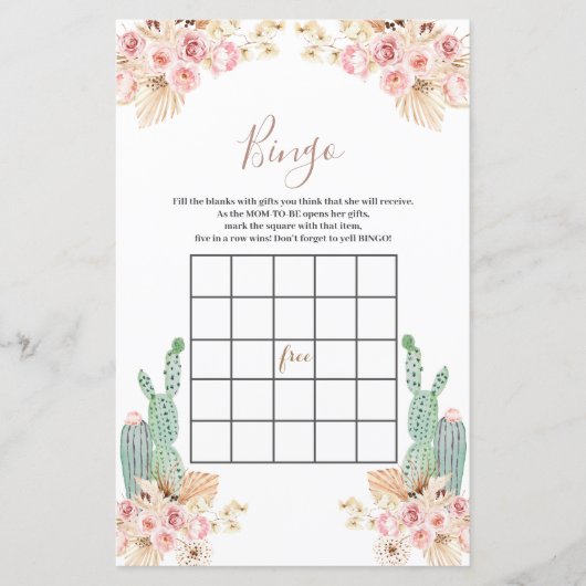 Baby shower Bingo Boho Cactus roze bloemen (Voorkant)