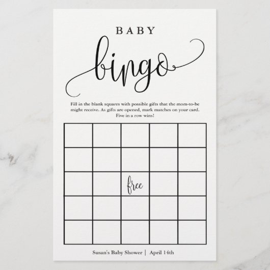 Baby shower Bingo Calligraphy Paper Game Kaart (Voorkant)