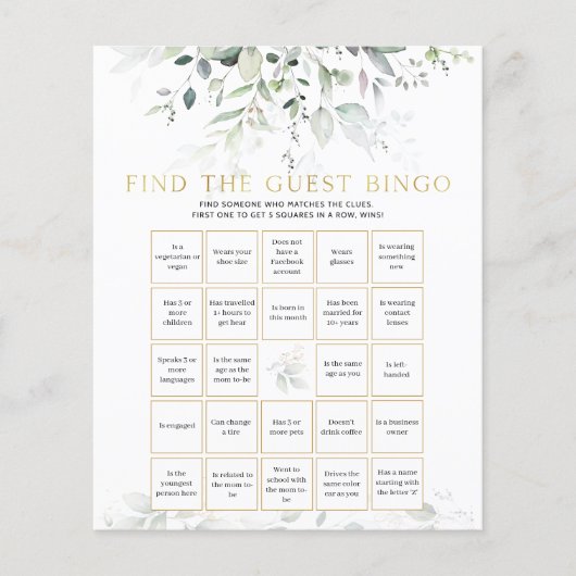 Baby shower Bingo Cards nodigt uit - vind de Gast (Voorkant)