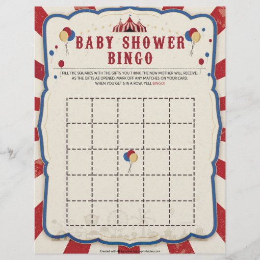 Baby shower Bingo [Circus Theme] Briefhoofd (Voorkant)