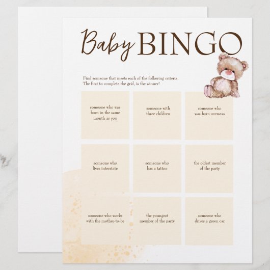 Baby shower bingo de bruine gepersonaliseerde sjab briefhoofd (Voorkant / Achterkant)