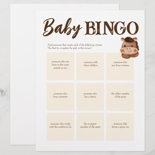 Baby shower bingo de bruine gepersonaliseerde sjab briefhoofd (Voorkant / Achterkant)