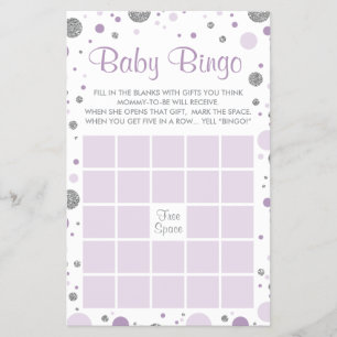 Baby shower Bingo, Faux Confetti, Paars, Zilver Flyer