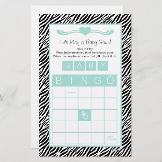 Baby shower Bingo Game Chic Aqua Mint Zebra (Voorkant / Achterkant)