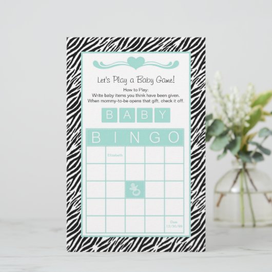 Baby shower Bingo Game Chic Aqua Mint Zebra (Staand voorkant)