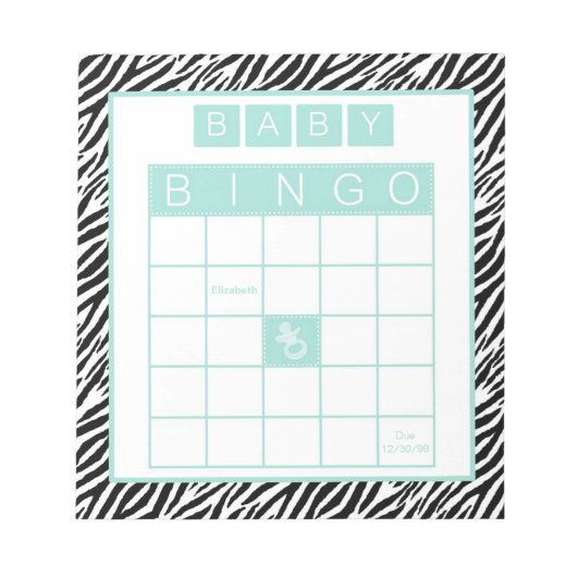 Baby shower Bingo Game Chic Aqua Mint Zebra Notitieblok (Voorkant)