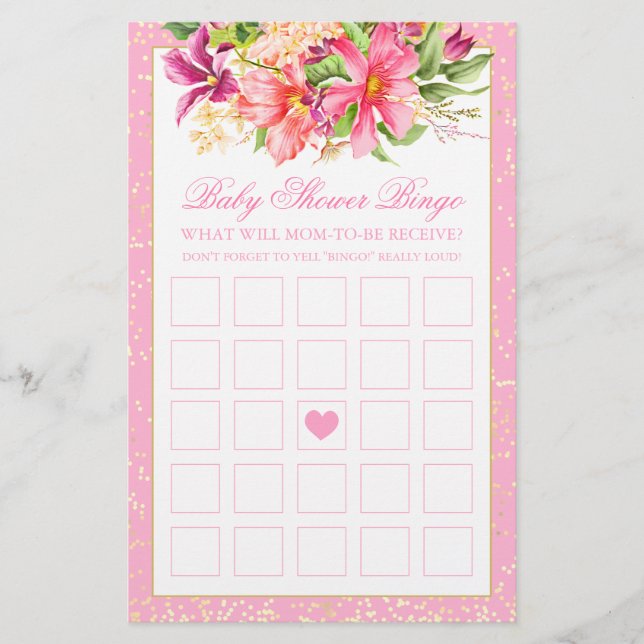 Baby shower Bingo Game Chic Flowers Bouquet Roze (Voorkant)
