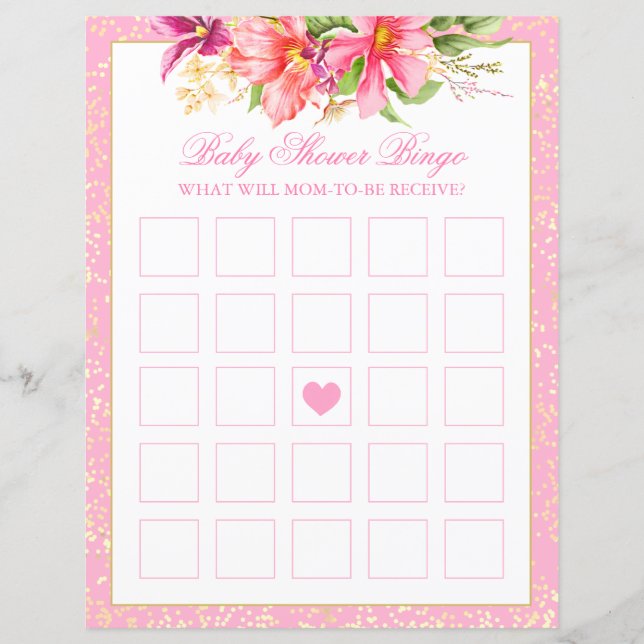 Baby shower Bingo Game Flowers Bouquet Roze blad (Voorkant)
