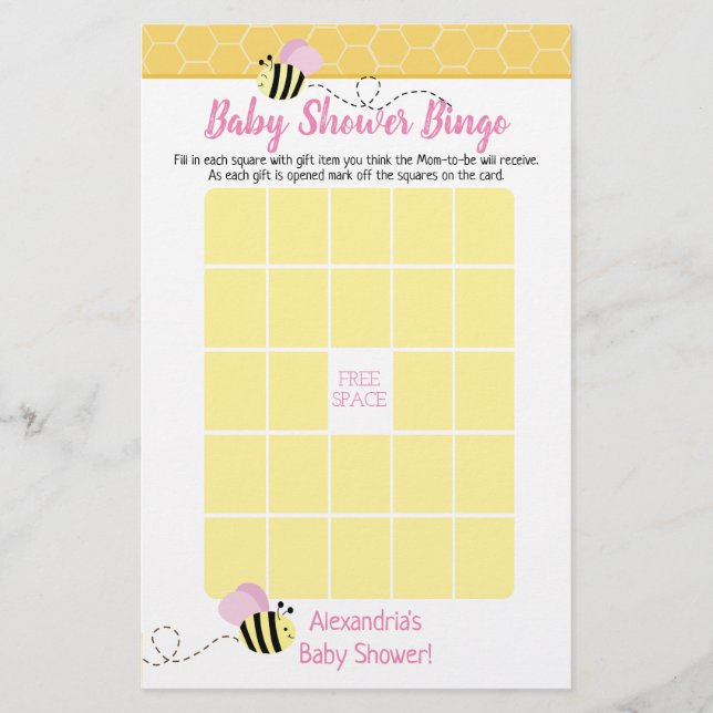 Baby shower Bingo Game van roze meisje (Voorkant)