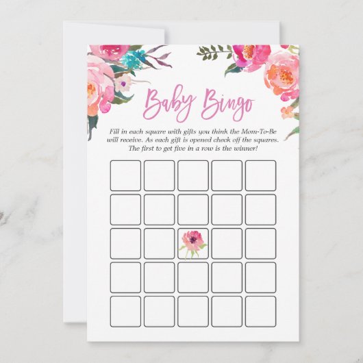 Baby shower Bingo Game | Waterverf Roze Floral Kaart (Voorkant)