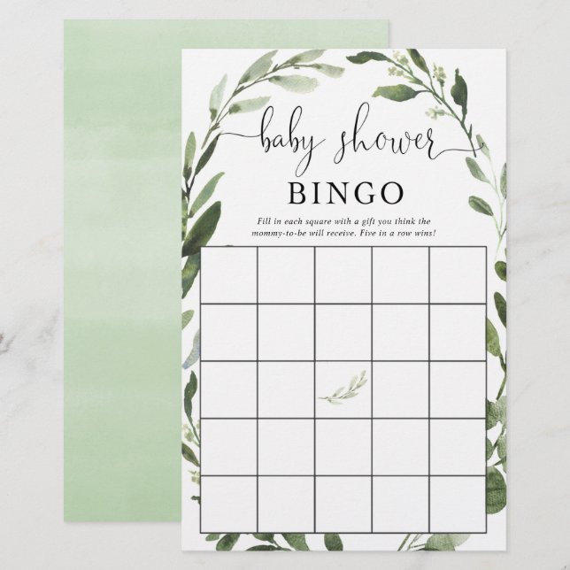 Baby shower bingo greenery eucalyptus (Voorkant / Achterkant)