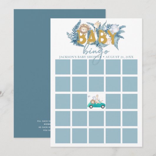 Baby shower Bingo Kaart | Safari Dieren (Voorkant / Achterkant)