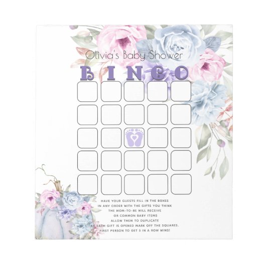 Baby shower Bingo Lila Blue Pumpkin Peony Floral Notitieblok (Voorkant)