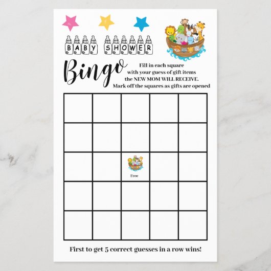 Baby Shower Bingo Noach's Ark spelkaart Flyer (Voorkant)