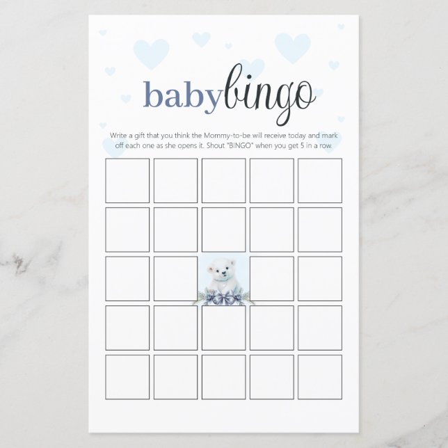 Baby shower Bingo Party Spel Blauwe Harten Beer Cu (Voorkant)