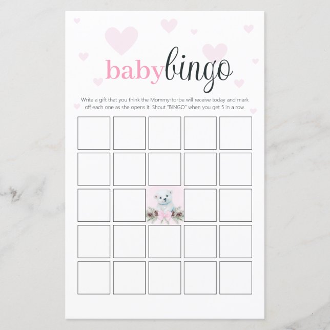 Baby shower Bingo Party Spel Roze Harten Beer Cub (Voorkant)