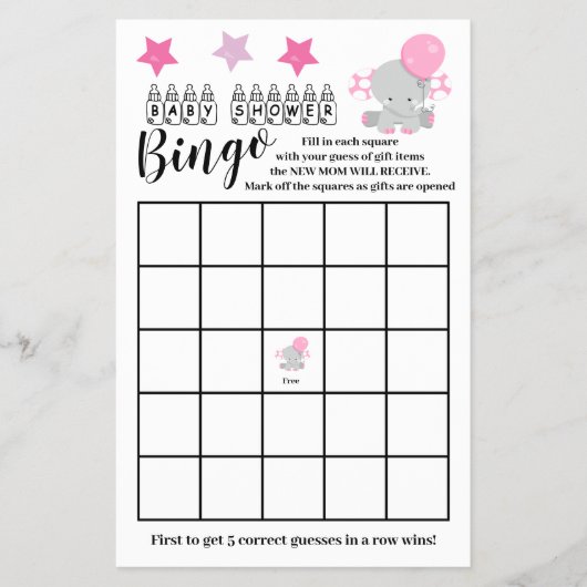 Baby shower Bingo Pink Elephant Girl Game Kaart (Voorkant)