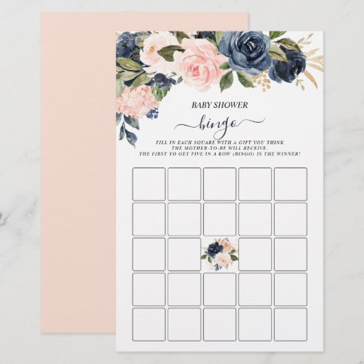 Baby shower Bingo Pink Navy Cascading Floral Game (Voorkant / Achterkant)