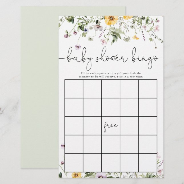 Baby shower bingo romantische wildbloemen bloemen  (Voorkant / Achterkant)