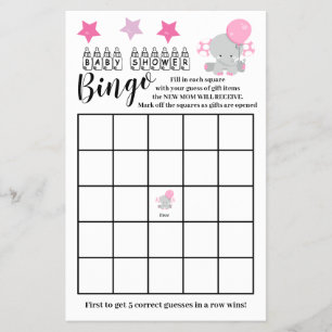 Baby Shower Bingo Roze Olifant Meisje Spelkaart Flyer