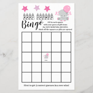 Baby Shower Bingo Roze Olifant Meisje Spelkaart Flyer
