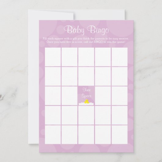 Baby shower Bingo - Rubber eendje thema - Lila Kaart (Voorkant)