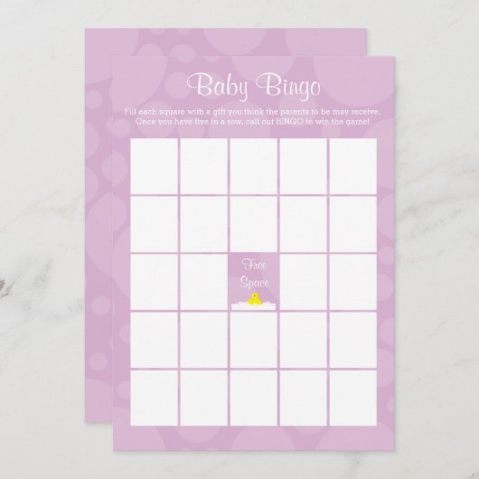Baby shower Bingo - Rubber eendje thema - Lila Kaart (Voorkant / Achterkant)
