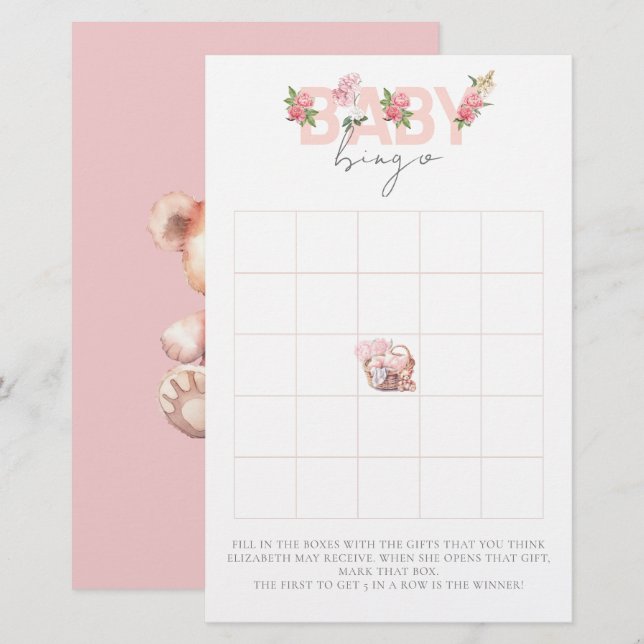 Baby shower Bingo spel Baby mand (Voorkant / Achterkant)