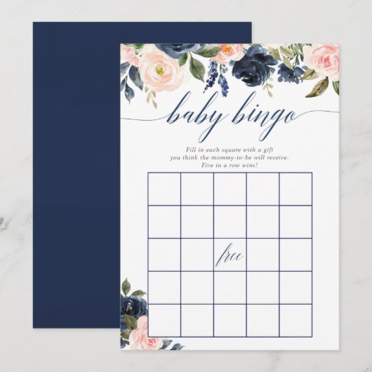Baby shower bingo spel Blush roze marineblauw bloe Kaart (Voorkant / Achterkant)